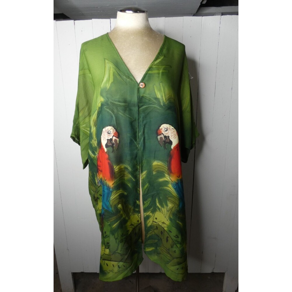 VTG Kaktus Plus Women's 1X Green Parrot Print Duster Kimono Semi Sheer Open Top